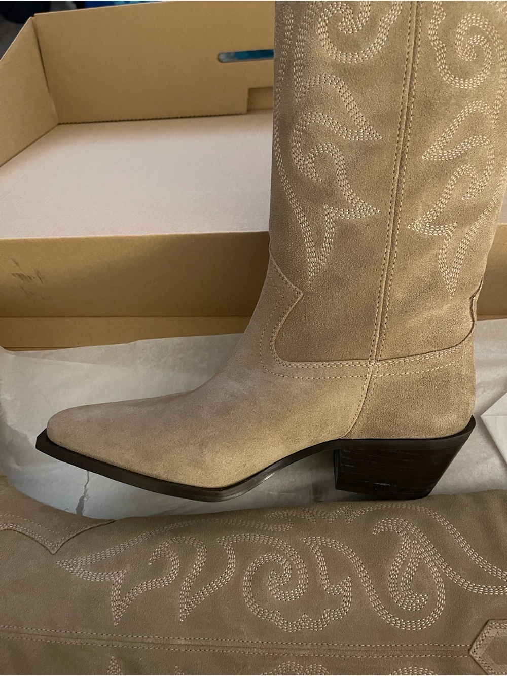 Zara Taupe Suede Knee-High Western Embroidered Boot - Picture 2 of 6